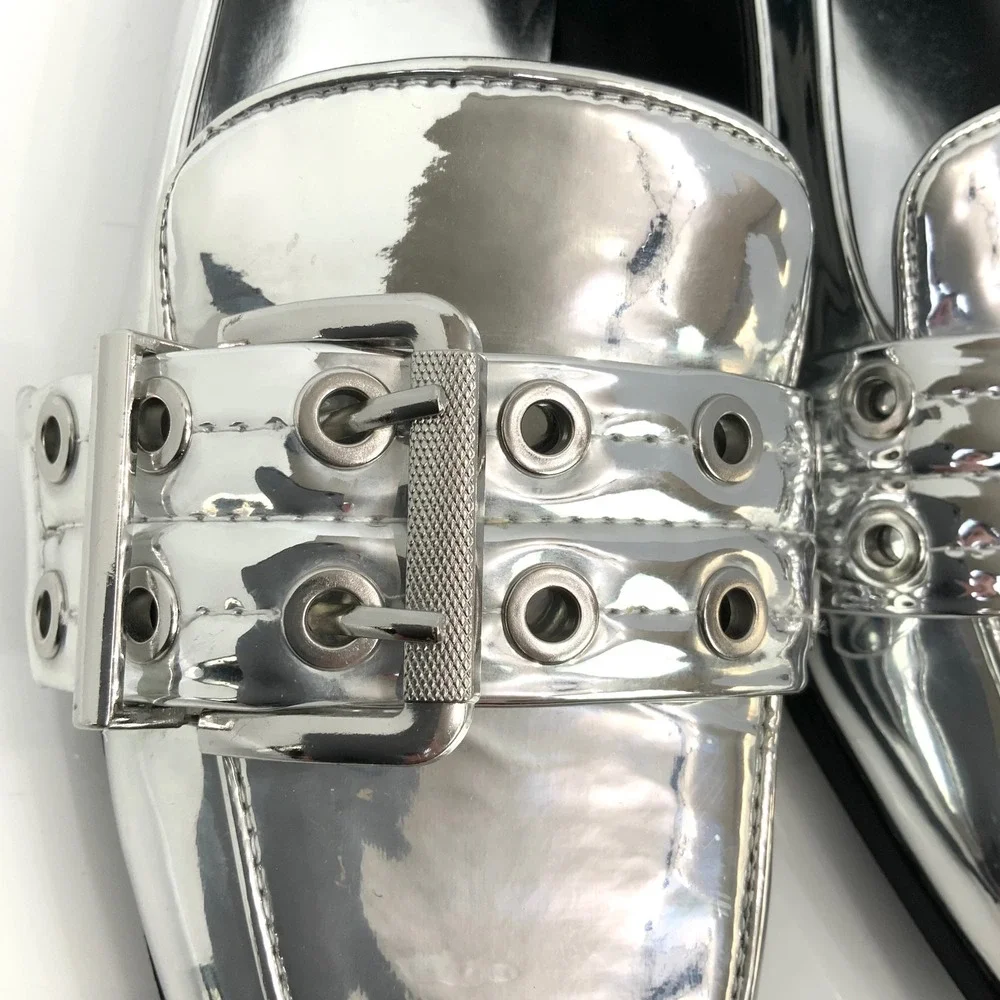 Mix No. 6 Sz 7.5 Silver Metallic Double Strap Buckle Square Toe Loafers Shoes
